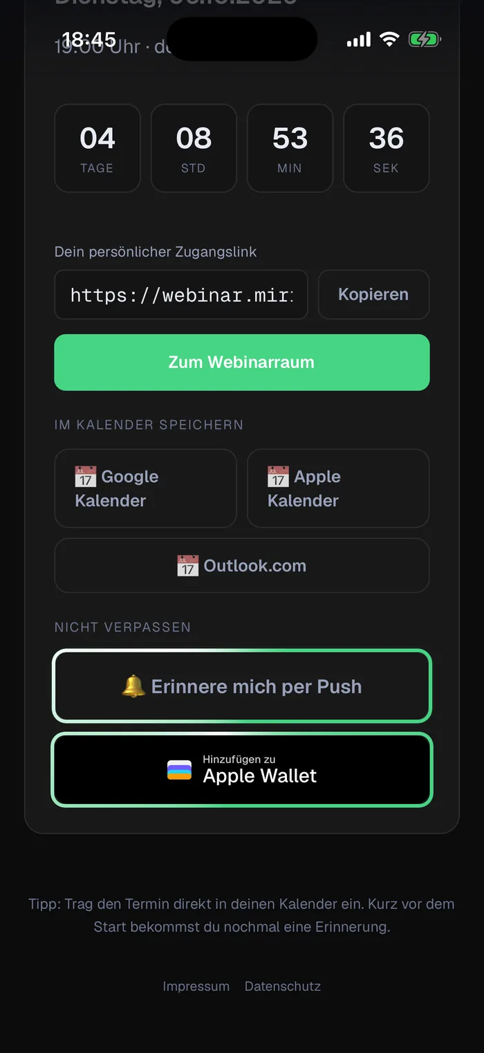 Danke-Seite nach der Anmeldung mit Countdown, Kalender, Push- und Wallet-Knopf