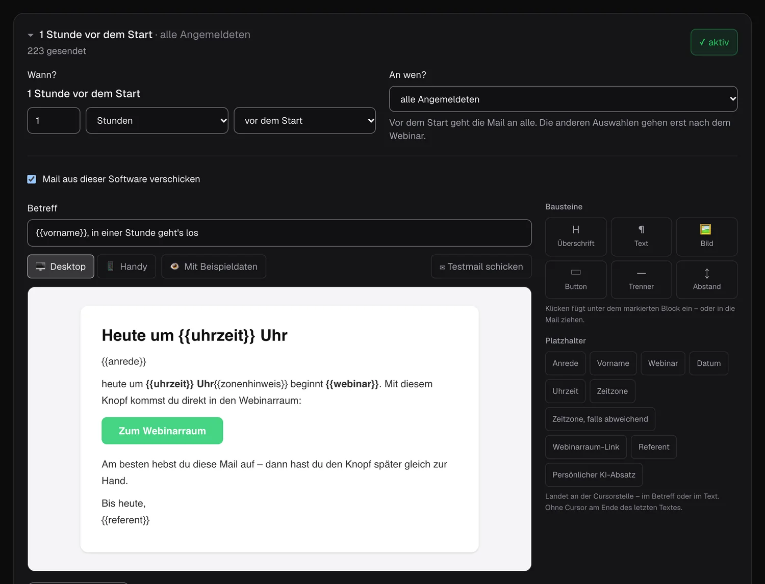 Erinnerung „1 Stunde vor dem Start“ im Webbyloop-Mail-Editor mit Bausteinen und Platzhaltern