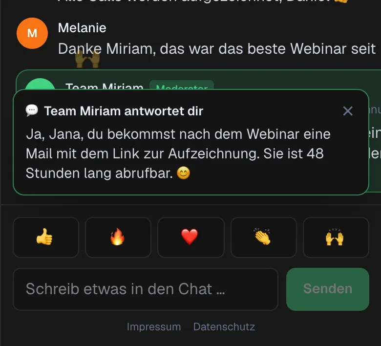 Webbyloop-Chat auf dem Handy: Team Miriam antwortet Jana, dass sie nach dem Webinar eine Mail mit der Aufzeichnung bekommt