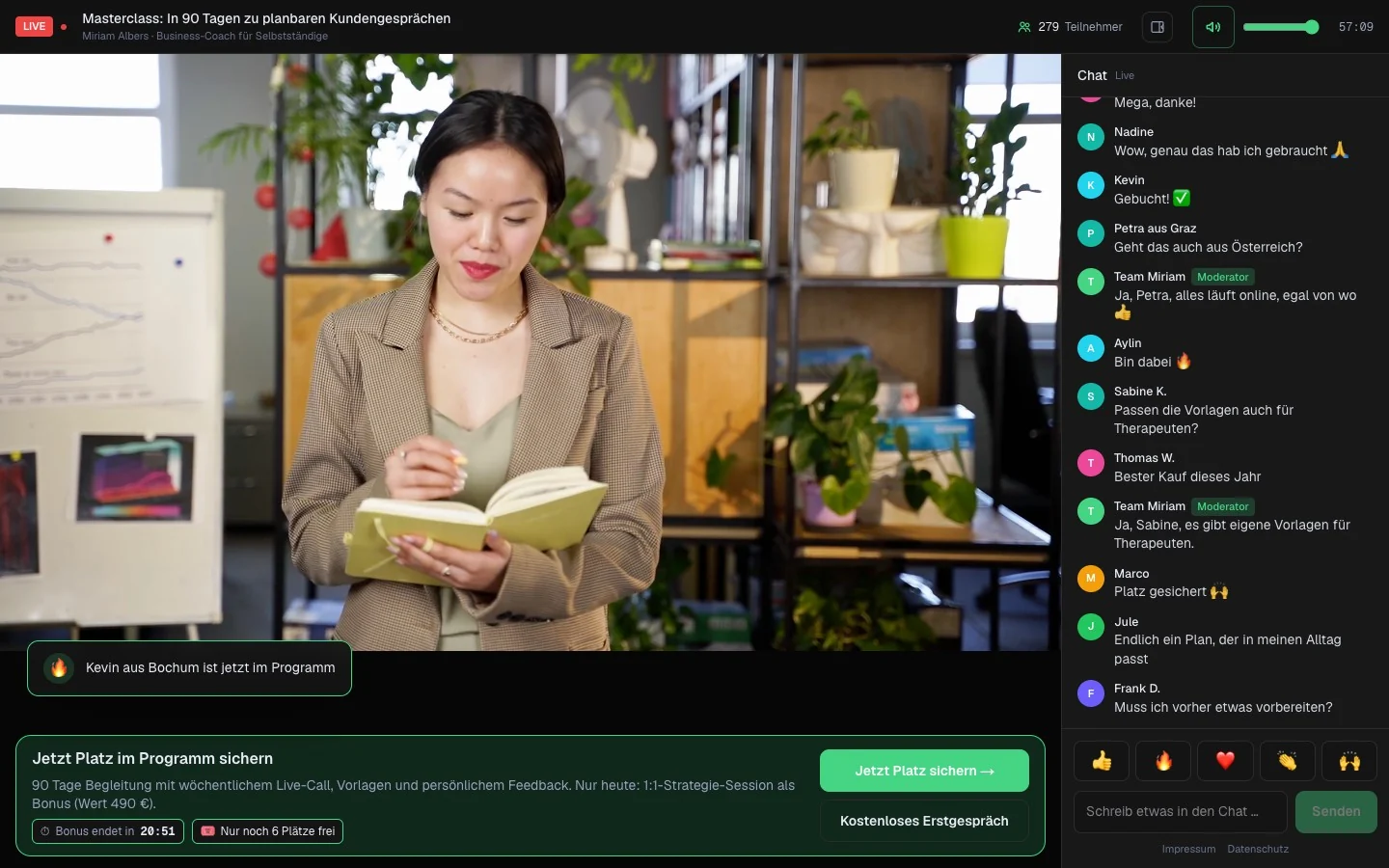 Webinarraum von Webbyloop mit Video, Chat und Angebots-Box