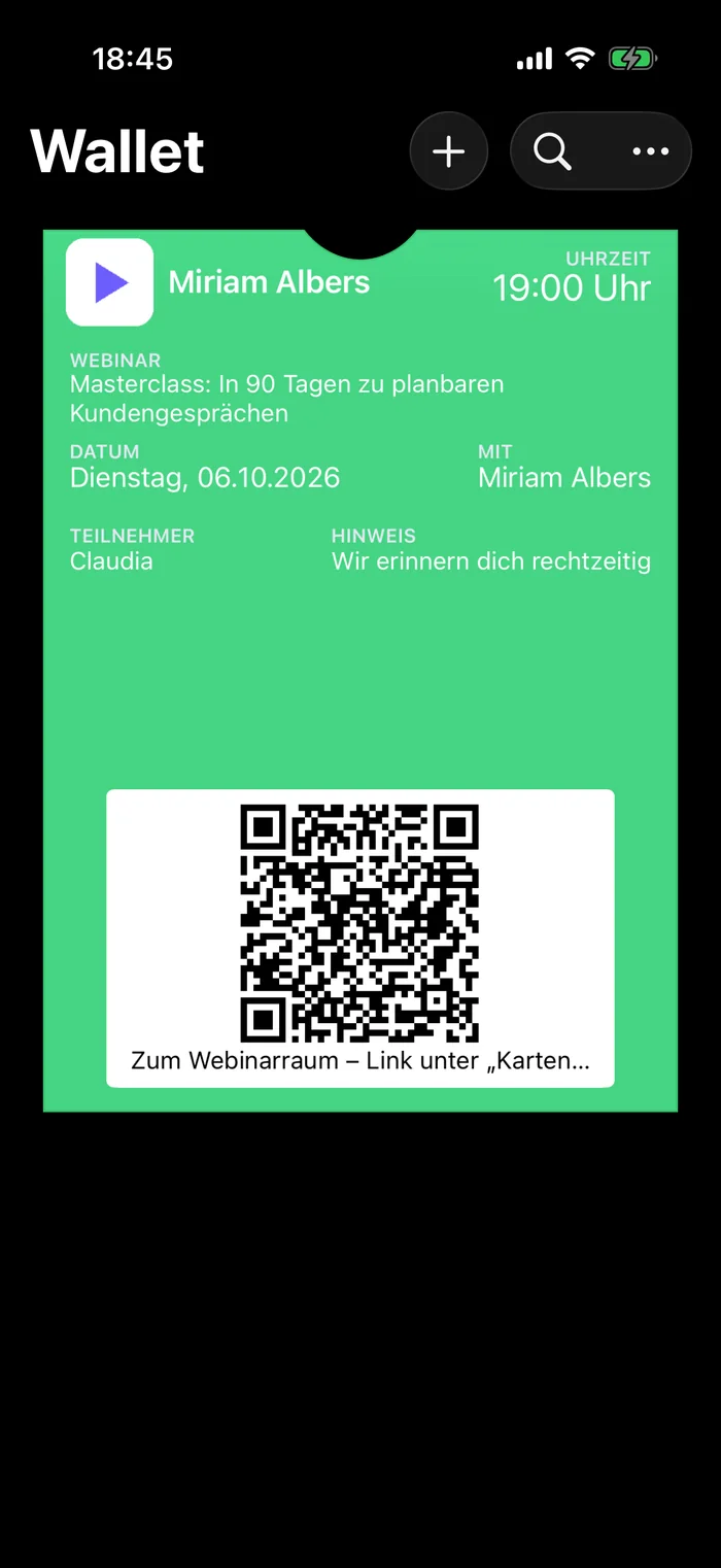 Das Webinar-Ticket liegt in Apple Wallet